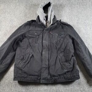 Levis Jacket Mens L Trucker Large Black Denim Removable Hoodie‎ Biker Rugged